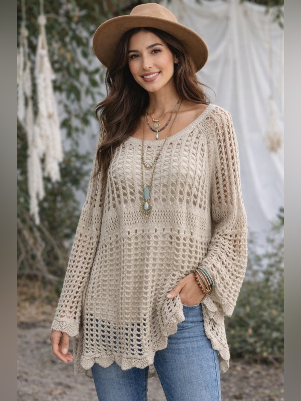 Retro Threads BOHO COTTON Sweater Crochet Long Sleeve Layering Beige Size XXL